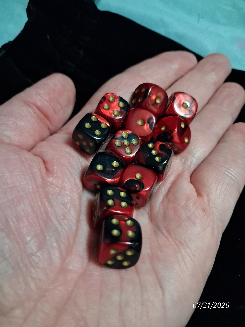 Source Unknown Red and Black Swirl Dice Set with Gold Pips